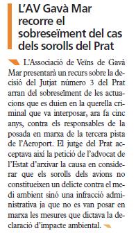 Notcia publicada al peridic EL BRUGERS sobre el recurs de l'Associaci de vens de Gav Mar a l'arxiu de la querella criminal interposada contra els responsables de la posada en servei de la tercera pista de l'aeroport de Barcelona-El Prat (10 Desembre 2009)